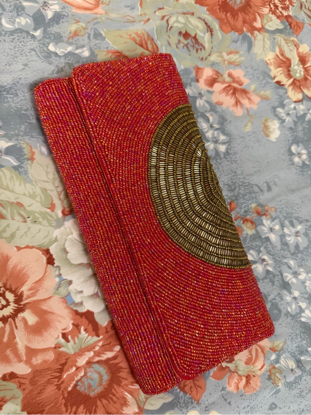 Beaded Pink Evening Clutch with Gold Accents